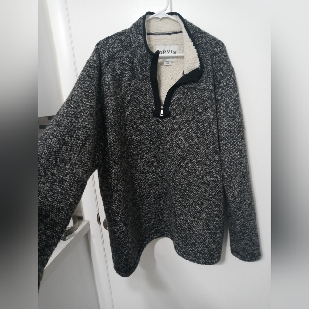 Orvis Classic Collection 1/4 zip Gray Black Sherpa Fleece Pullover Jacket Men's